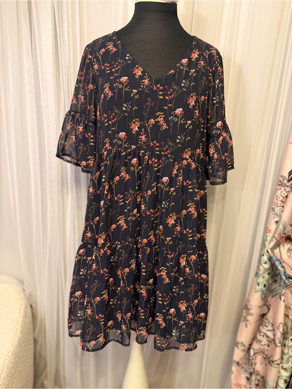 Staccato Navy Floral Tiered Mini Dress Size S Bell Sleeve Cottagecore Boho